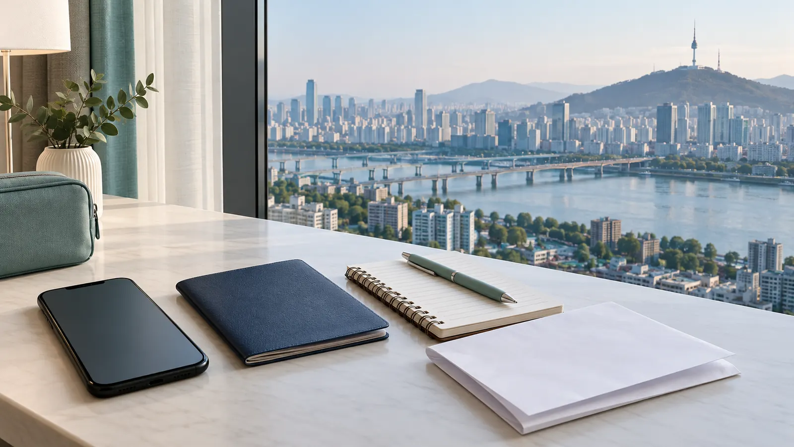 A teal travel preparation desk with blank papers, a phone and an unmarked passport near a Seoul window.